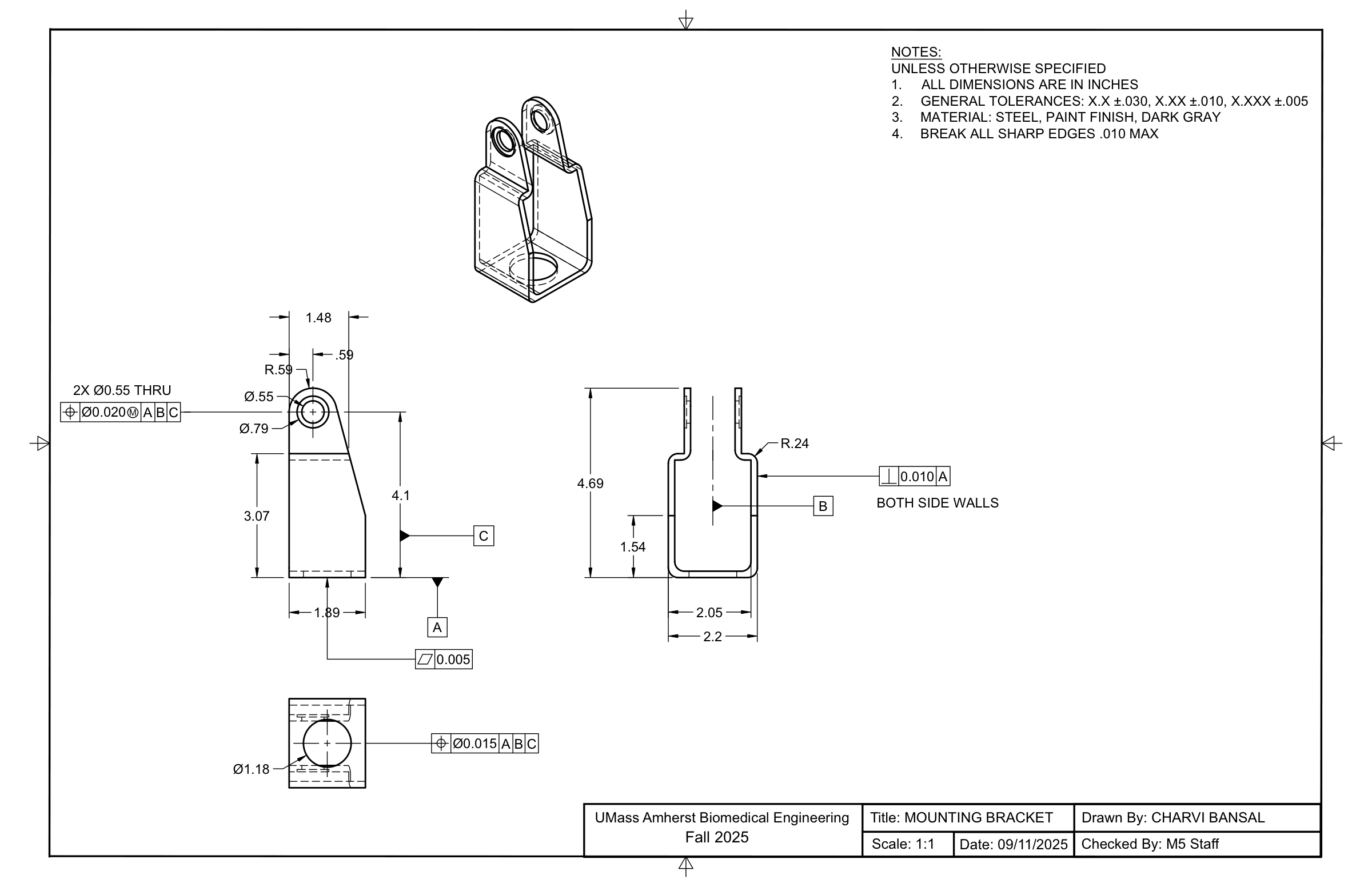 Mounting bracket technical drawing — front, top, and isometric views with GD&T callouts