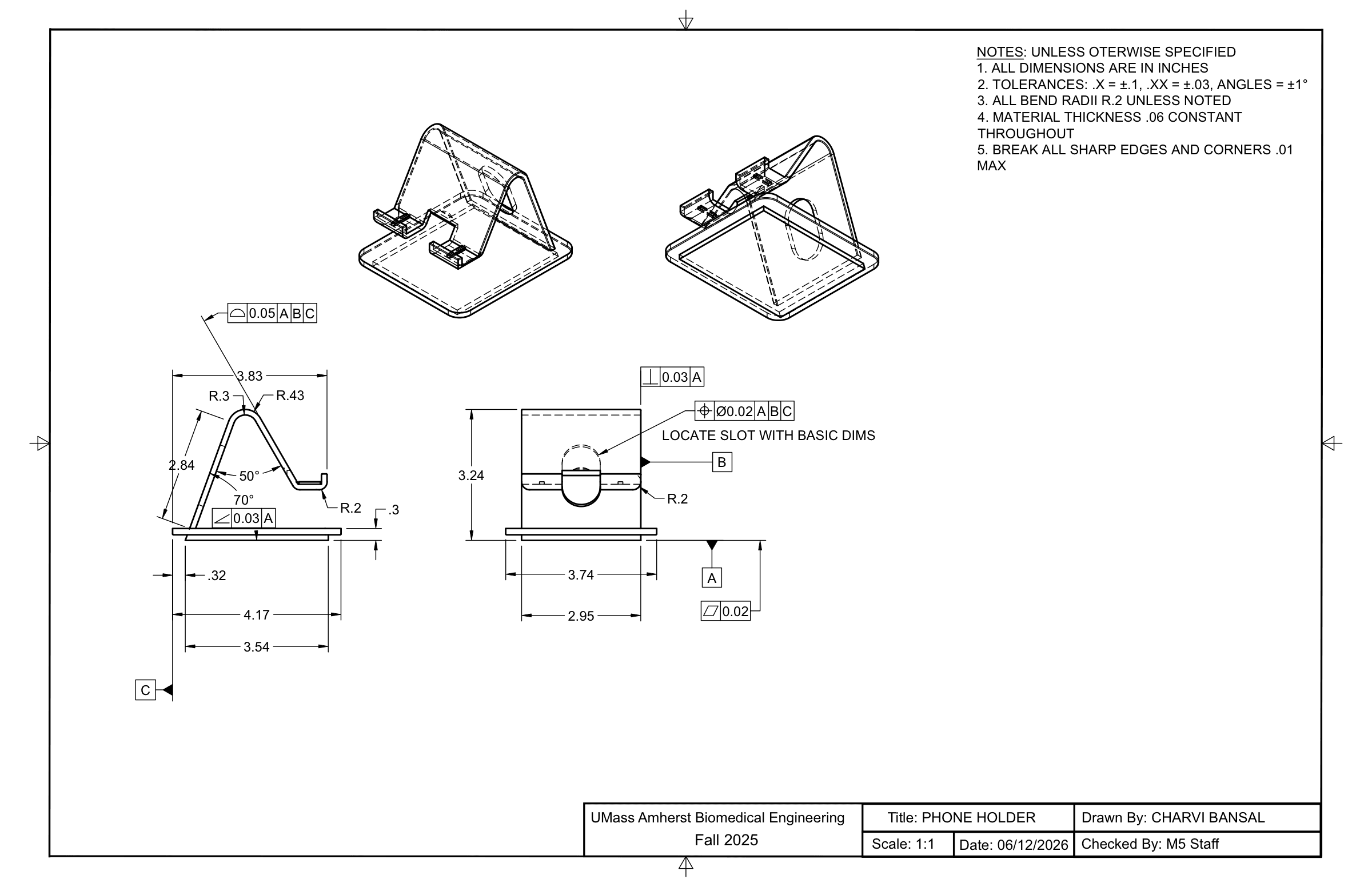 Phone holder drawing — orthographic and isometric views with GD&T callouts