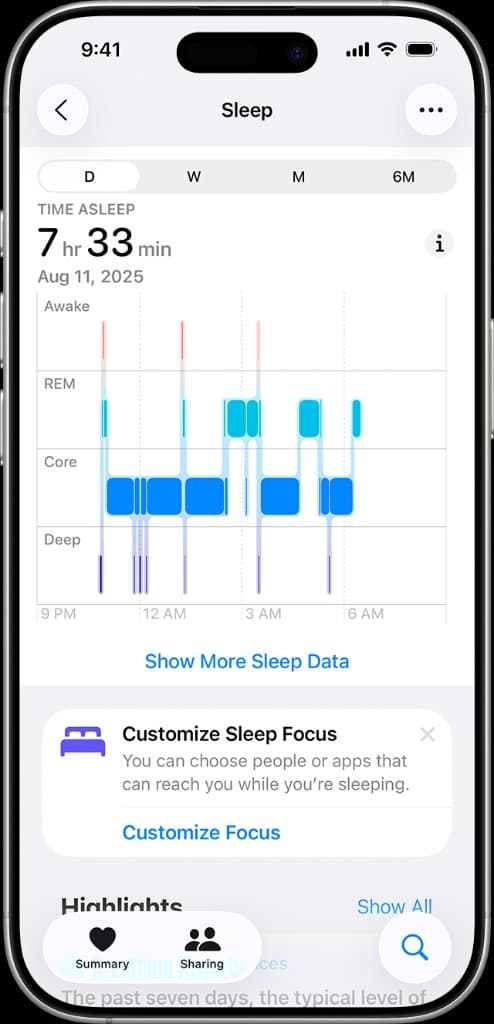 Apple Health sleep tracking — stages chart and time asleep