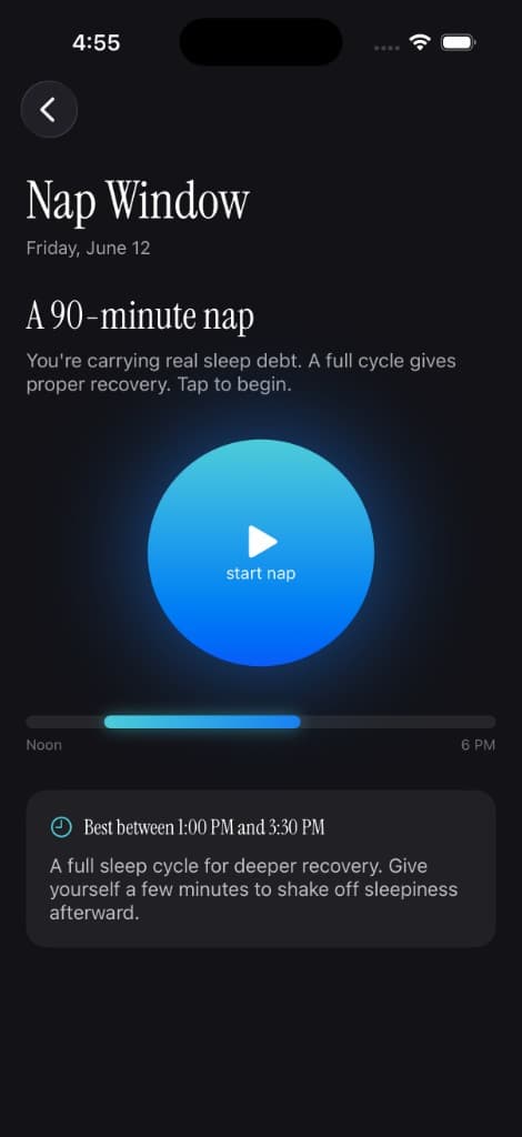 Dozy nap window — personalized 90-minute nap recommendation with start button