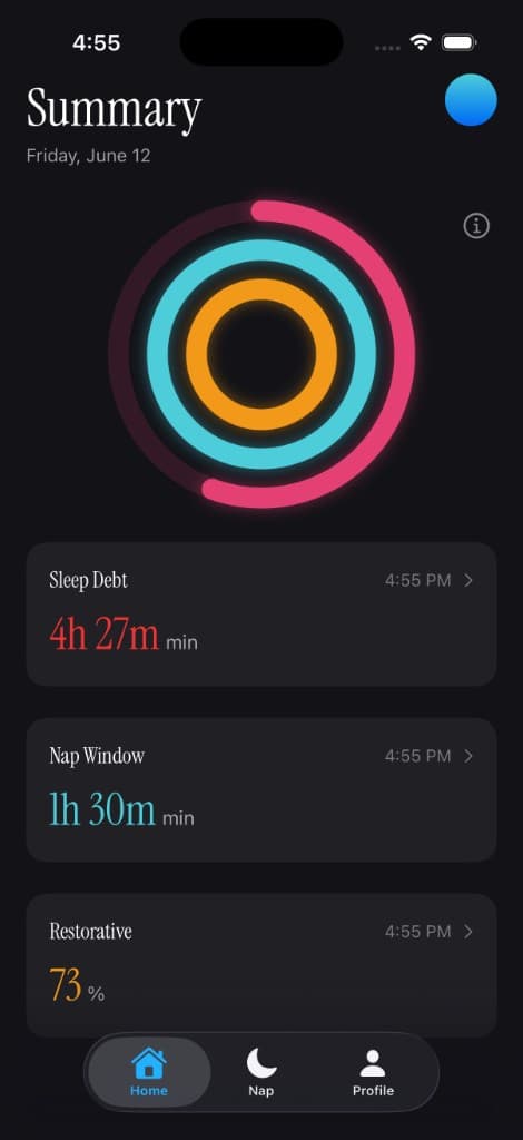 Dozy summary home — sleep debt, nap window, and restorative activity rings