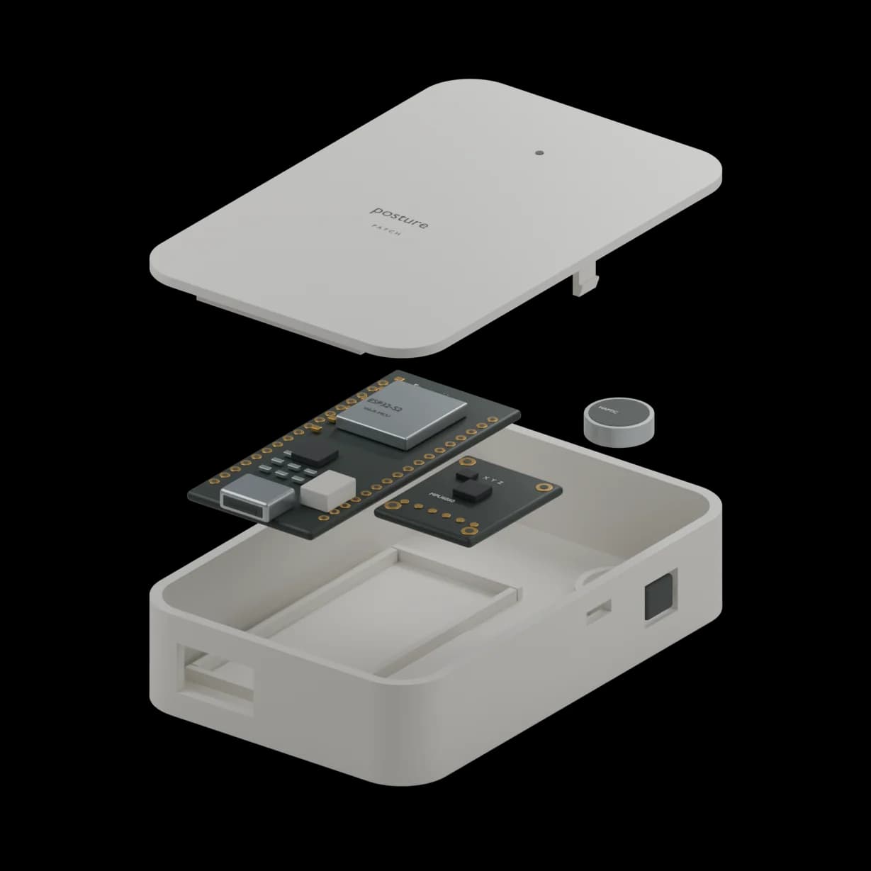 Exploded view of the Posture Patch with the lid, main board, IMU breakout, and coin motor separated