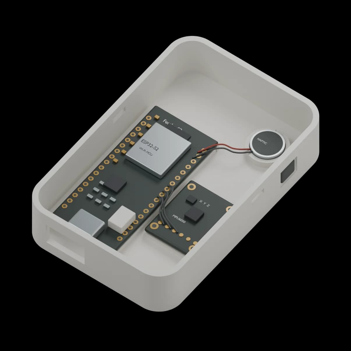 The housing with the lid removed — main board, MPU6050 breakout, and coin motor wired inside