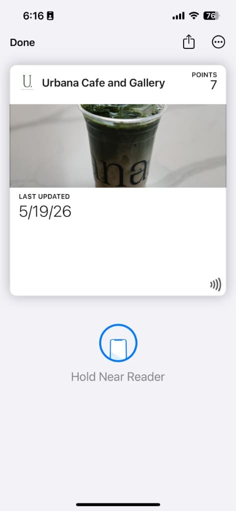 Urbana Cafe and Gallery loyalty pass showing 7 points