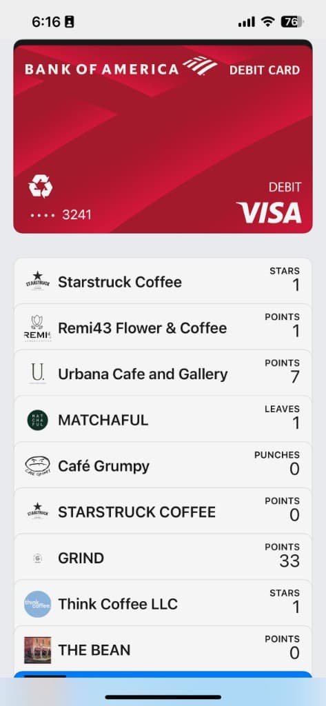 Apple Wallet showing existing coffee shop loyalty cards from Starstruck, Café Grumpy, GRIND, and others